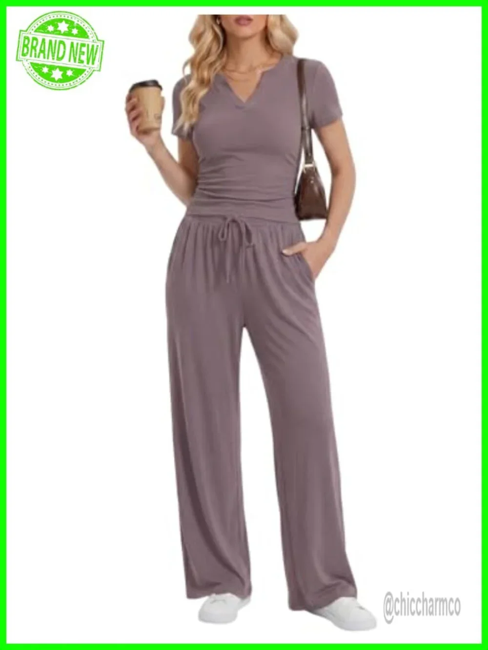 2 Piece Lounge Sets Women Summer Travel V Neck Top Wide Leg Pants